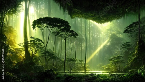 Magical dark fairy tale forest  neon sunset  rays of light through the trees. Fantasy forest landscape. Unreal world  moss. 3D illustration.