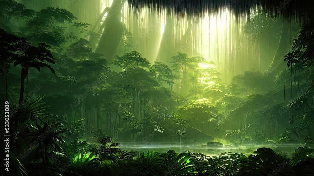 Magical dark fairy tale forest, neon sunset, rays of light through the trees. Fantasy forest landscape. Unreal world, moss. 3D illustration. Magical dark fairy tale forest, neon sunset, rays of light through the trees. Fantasy forest landscape. Unreal world, moss. 3D illustration.