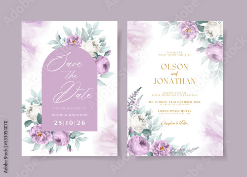 Beautiful floral wedding invitation template set with purple roses and leaves decoration