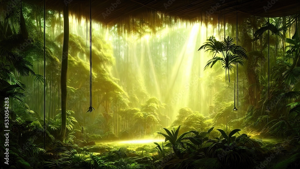 Magical dark fairy tale forest, neon sunset, rays of light through the trees. Fantasy forest landscape. Unreal world, moss. 3D illustration.