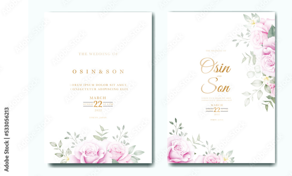 Wedding invitation card template set with beautiful floral leaves 