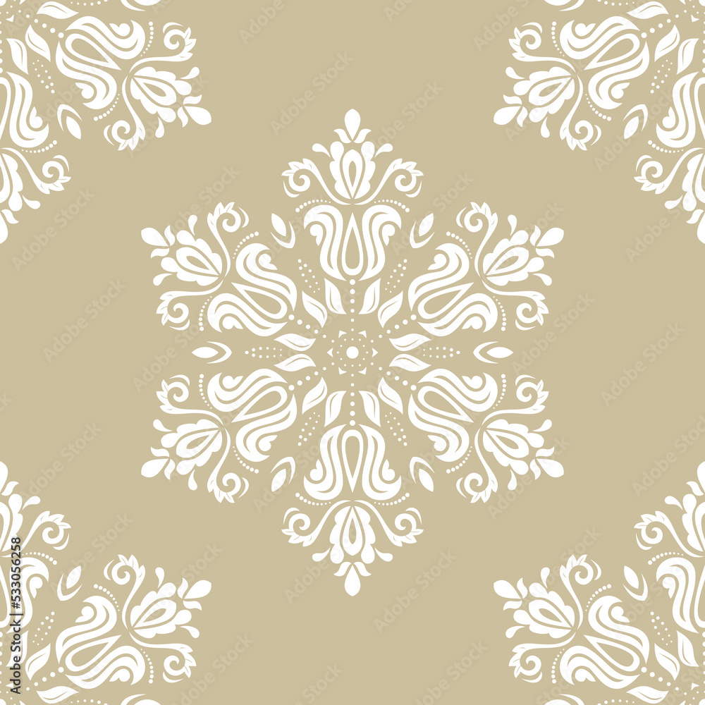Classic seamless pattern. Damask orient round white ornament. Classic vintage background. Orient ornament for fabric, wallpaper and packaging Classic seamless pattern. Damask orient round white ornament. Classic vintage background. Orient ornament for fabric, wallpaper and packaging
