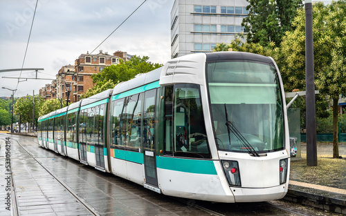 Modern city tram. Public transport in Paris, France