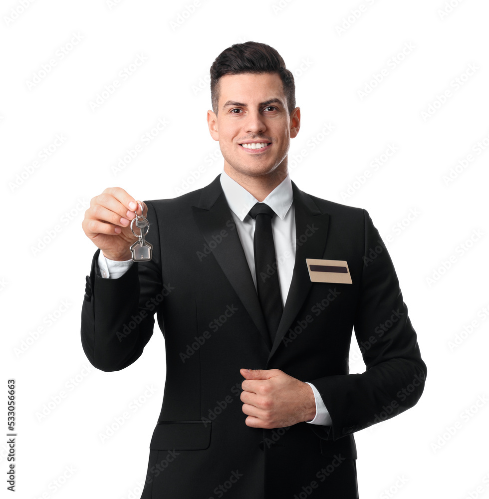 Happy receptionist in uniform holding key on white background Happy receptionist in uniform holding key on white background