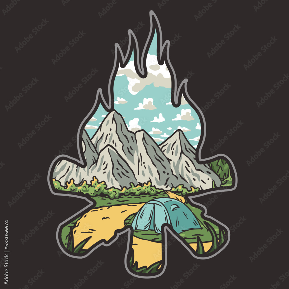 Adventure print in the form of campfire. Wild life in nature and outdoor forest camping