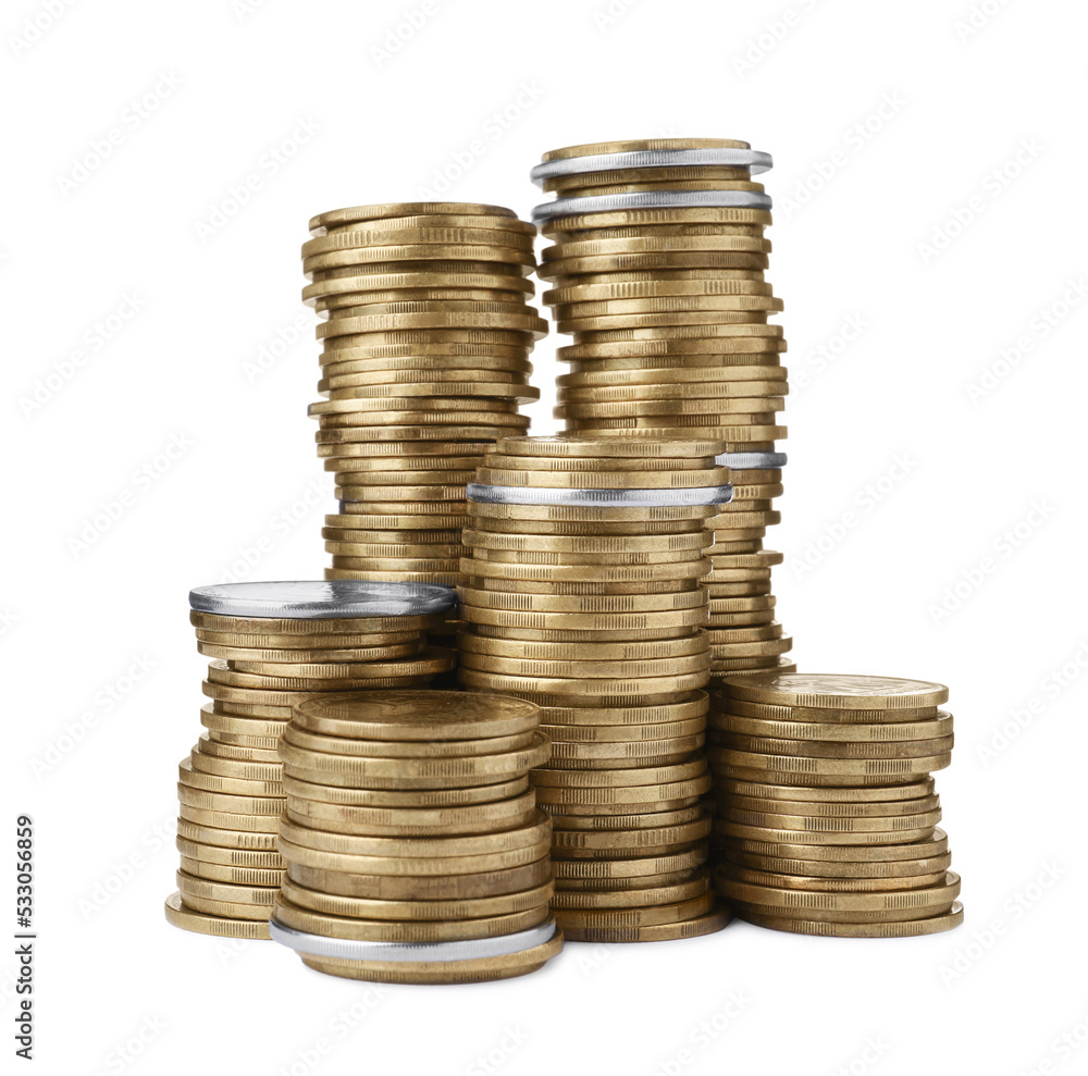 Many golden coins stacked on white background Many golden coins stacked on white background