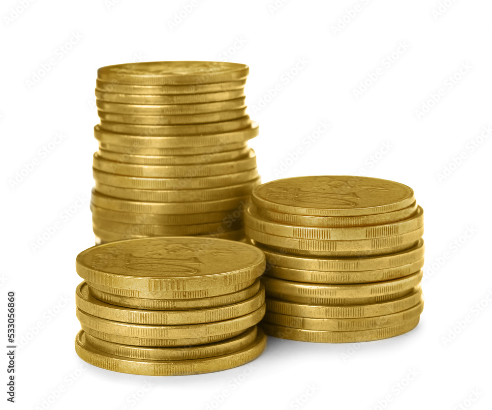 Many golden coins stacked on white background Many golden coins stacked on white background