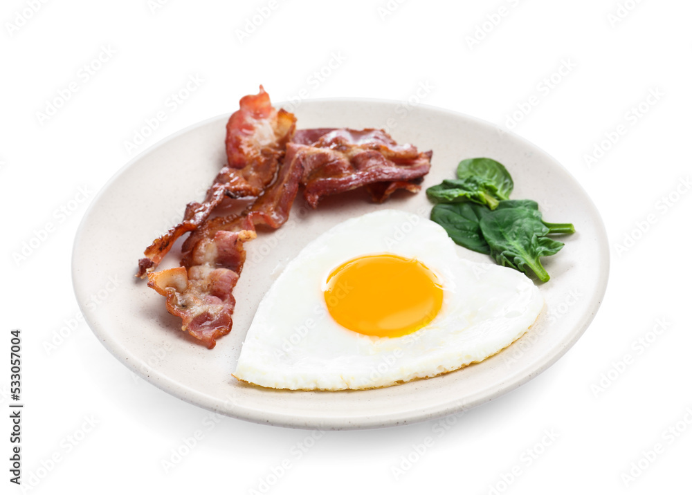 Romantic breakfast with fried bacon and heart shaped egg isolated on white. Valentine's day celebration Romantic breakfast with fried bacon and heart shaped egg isolated on white. Valentine's day celebration