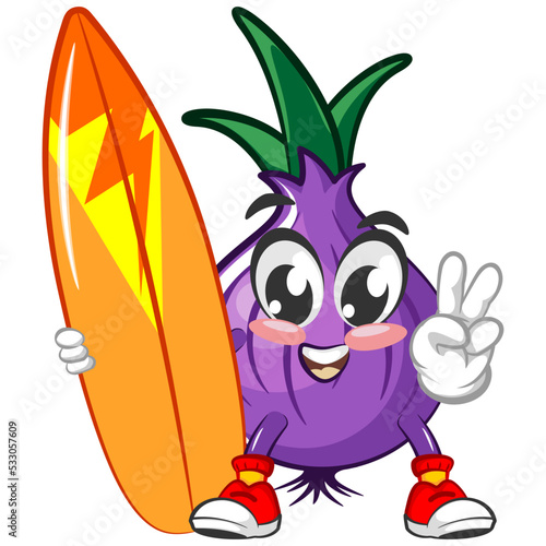 cartoon vector illustration of onion character carrying a surfboard