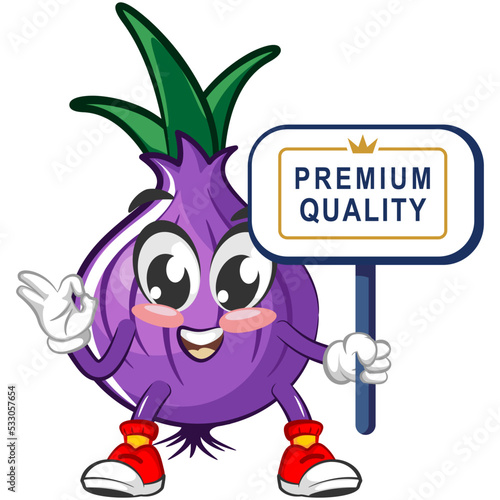 vector illustration of cartoon character from onions with a sign that says premium quality © mickyRAWjecky