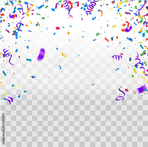 Grand opening ceremony with purple confetti, for Retail, Shopping or Black Friday Promotion in style summer festival background with colorful air balloons and garlands.