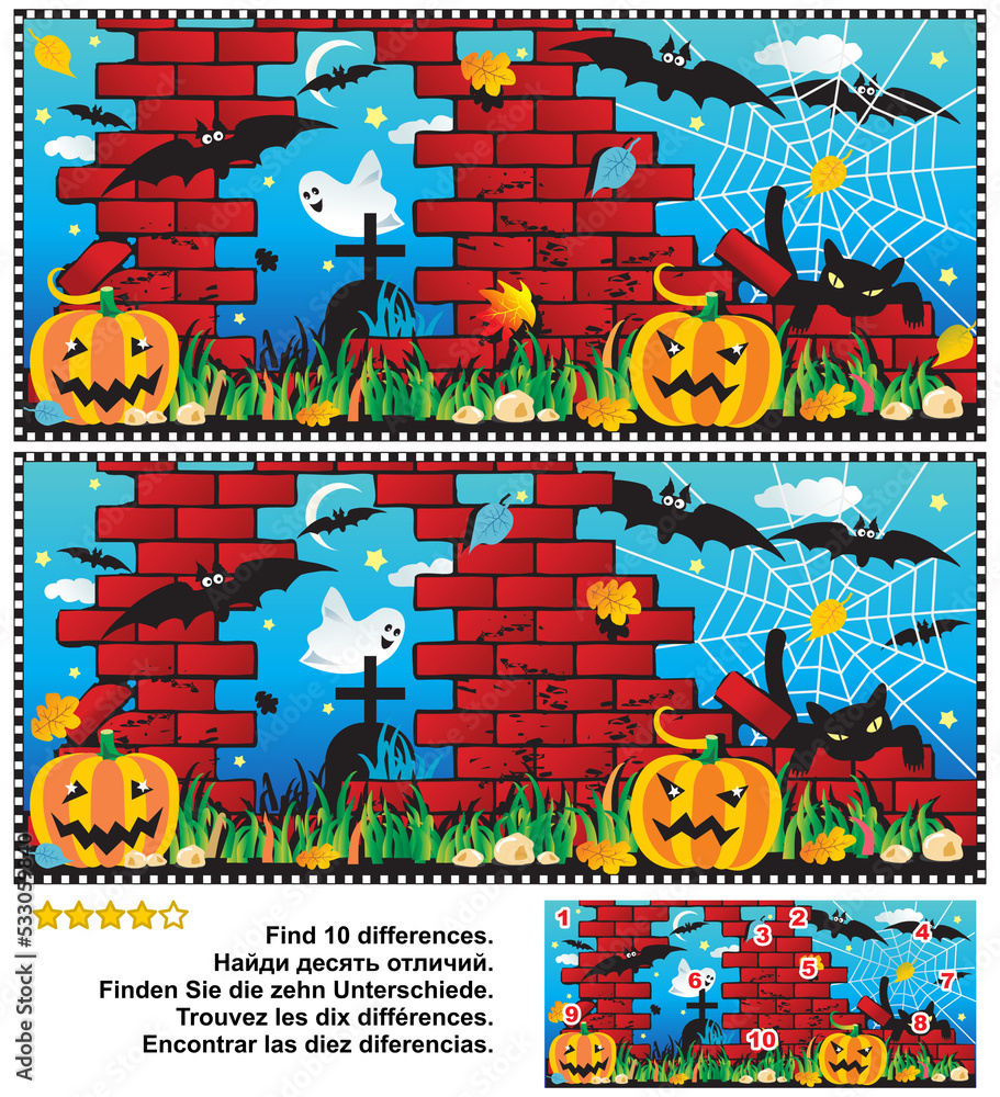 Difference game. Halloween night, pumpkin field, ruine, cemetery, ghost, bats, black cat, spider web. Answer included.
