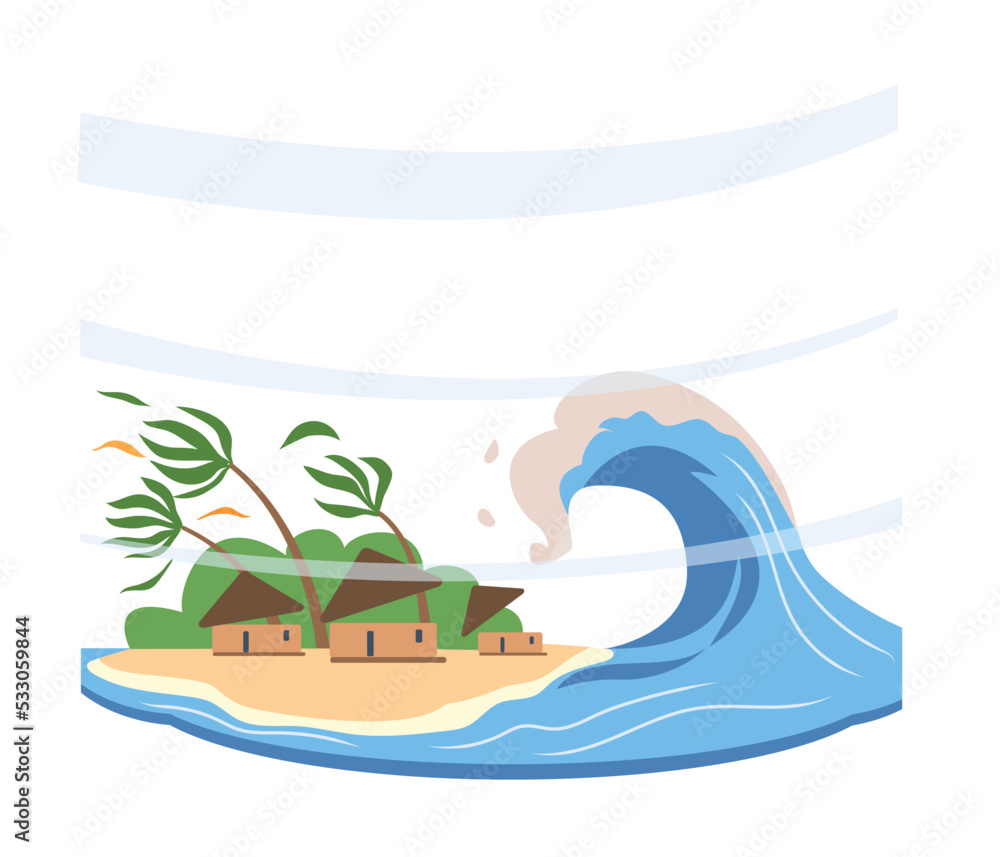 Natural disaster concept. Storm and big wave falls on houses standing on tropical coast. Cyclone, tsunami and storms, bad weather. Poster or banner for website. Cartoon flat vector illustration