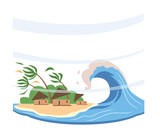 Natural disaster concept. Storm and big wave falls on houses standing on tropical coast. Cyclone, tsunami and storms, bad weather. Poster or banner for website. Cartoon flat vector illustration
