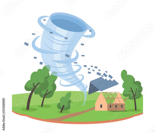 Natural disaster concept. Hurricane or tornado blows roof of building, terrible storm and big gust of wind. Destruction of village house, cataclysm and catastrophe. Cartoon flat vector illustration