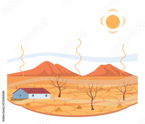 Natural disaster concept. Drought and bad weather, disturbances in atmosphere, abnormal heat. Village house stands in desert. Ecological poster or banner for website. Cartoon flat vector illustration