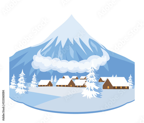 Natural disaster concept. Avalanche descends from snowy mountains, snow and ice falls on village houses. Cold weather, winter season. Catastrophe and cataclysm. Cartoon flat vector illustration
