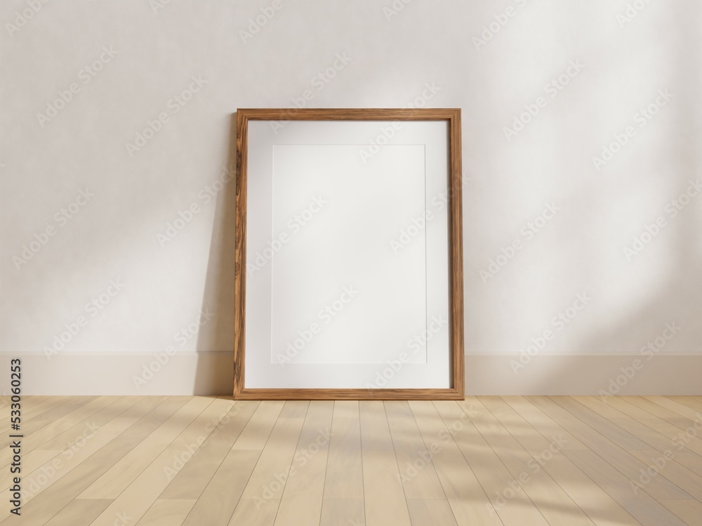 Vertical wood frame mockup in living room interior with light reflection. 3d rendering, 3d illustration Vertical wood frame mockup in living room interior with light reflection. 3d rendering, 3d illustration