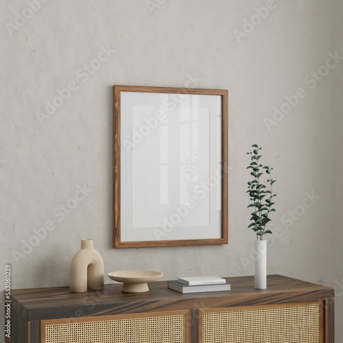 Fototapeta Naklejka Na Ścianę i Meble -  Vertical wood frame mockup in living room interior with light reflection. 3d rendering, 3d illustration