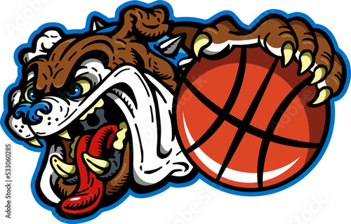 crazy bulldog mascot holding basketball in paw for school, college or league