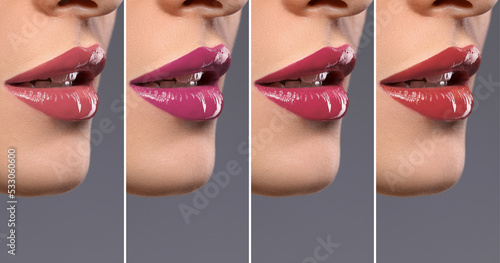 Collage with photos of young woman with different glossy lipsticks on grey background, closeup. Banner design