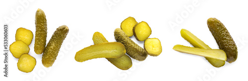 Set with tasty pickled cucumbers on white background. Banner design