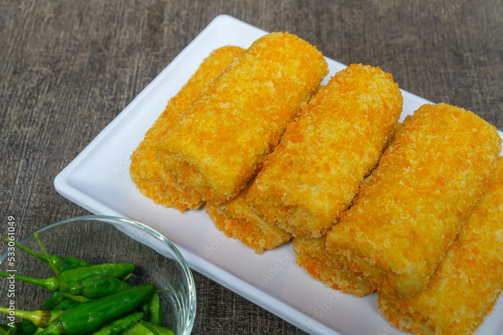 Risoles bihun or rissole with vermicelli noodle filling. snacks that are cooked by frying, have a savory taste Risoles bihun or rissole with vermicelli noodle filling. snacks that are cooked by frying, have a savory taste