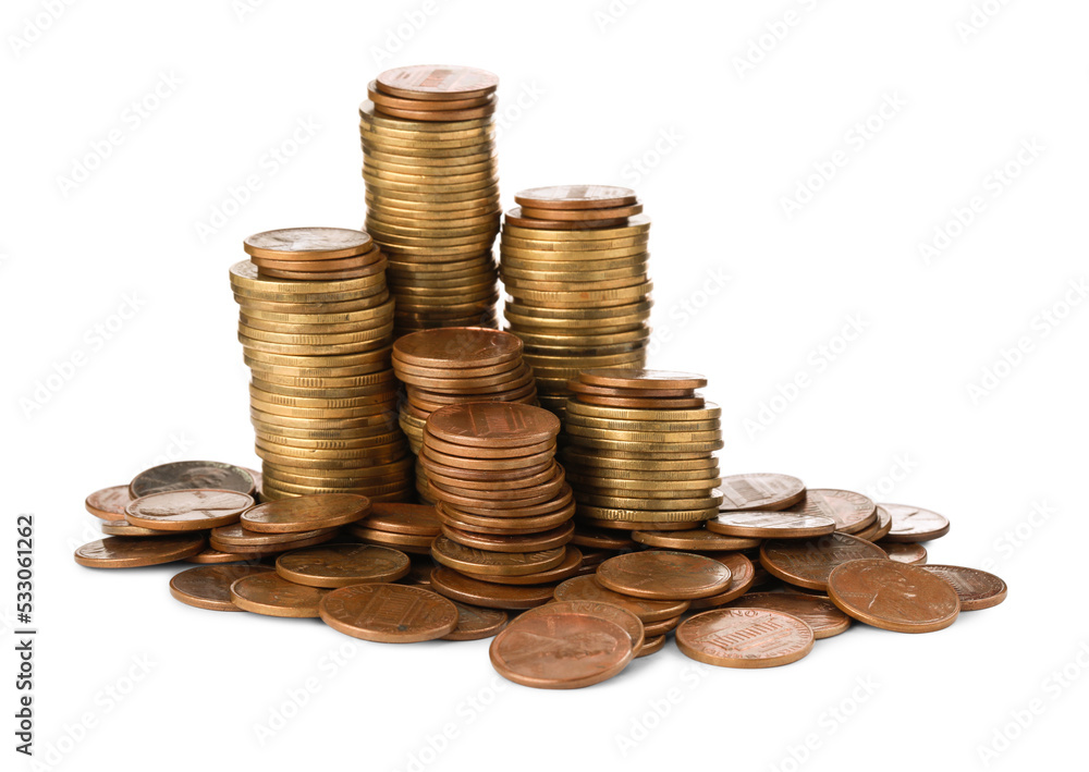 Stacks of different coins on white background Stacks of different coins on white background