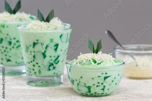 Buko pandan, Buko pandan is a dessert from the Philippines. it tastes fresh, sweet, savory and has the aroma of pandan leaves. made from young coconut, pandanus, pearl sago and other ingredients  photo
