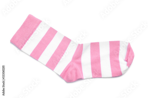 Striped pink sock isolated on white, top view