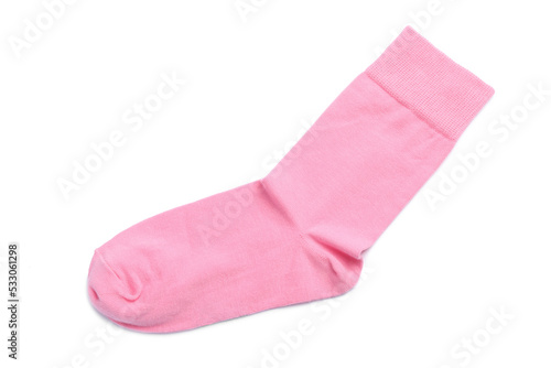 New pink sock isolated on white, top view