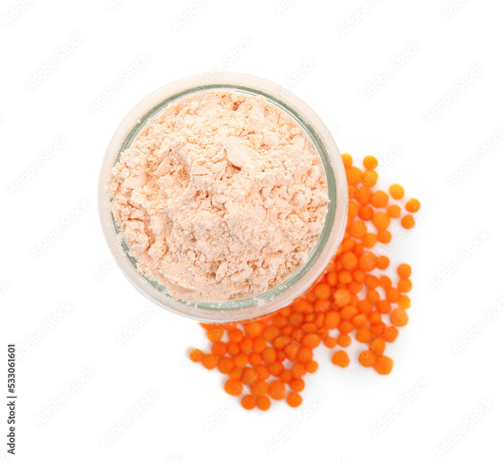 Lentil flour in glass jar and seeds isolated on white, top view Lentil flour in glass jar and seeds isolated on white, top view