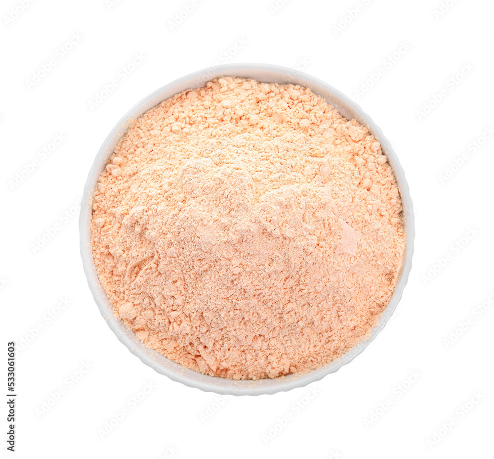 Lentil flour in bowl isolated on white, top view Lentil flour in bowl isolated on white, top view