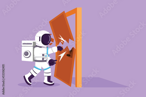 Graphic flat design drawing young astronaut punching and destroying door in moon surface. Depicts eliminating barrier of entries door. Cosmonaut deep space concept. Cartoon style vector illustration