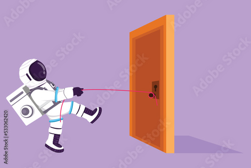 Graphic flat design drawing of young astronaut pulling door with rope, metaphor to facing problem in moon surface. Strength for success. Cosmonaut deep space concept. Cartoon style vector illustration