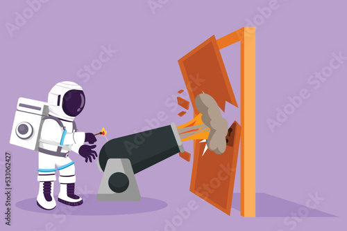 Cartoon flat style drawing astronaut ignites cannon in front of door, destroying door in moon surface. Eliminating barrier of entries. Cosmic galaxy space concept. Graphic design vector illustration