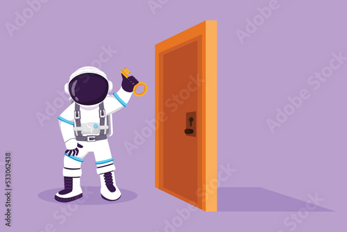 Cartoon flat style drawing young astronaut lifting key in front of door in moon surface. Spaceman holding key to open office room door. Cosmic galaxy space concept. Graphic design vector illustration