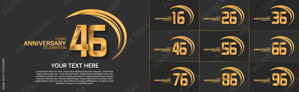set of anniversary with golden color and swoosh can be use for celebration event set of anniversary with golden color and swoosh can be use for celebration event