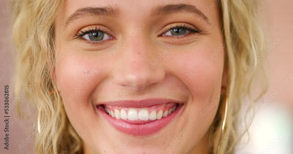 Dental wellness smile, portrait of woman and beautiful skincare face. Natural beauty, cosmetic microblading makeup on model and happy eyes. Young girl, blonde hair treatment and laugh with happiness Dental wellness smile, portrait of woman and beautiful skincare face. Natural beauty, cosmetic microblading makeup on model and happy eyes. Young girl, blonde hair treatment and laugh with happiness