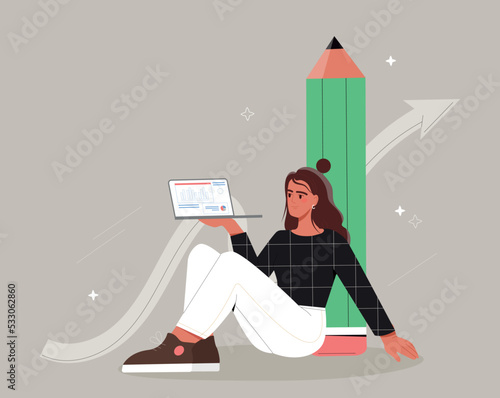 Woman with pencil. Creative personality, graphic designer. Remote employee or freelancer. Young girl with laptop develops interface for programs and applications. Cartoon flat vector illustration