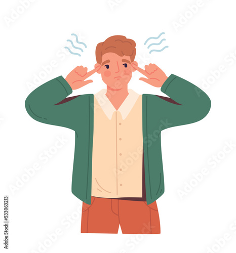 People noises concept. Man covers ears with fingers, disgruntled guy. Loud noise and migraine. Emotions, gestures, expressions and mood. Psychology and mental health. Cartoon flat vector illustration