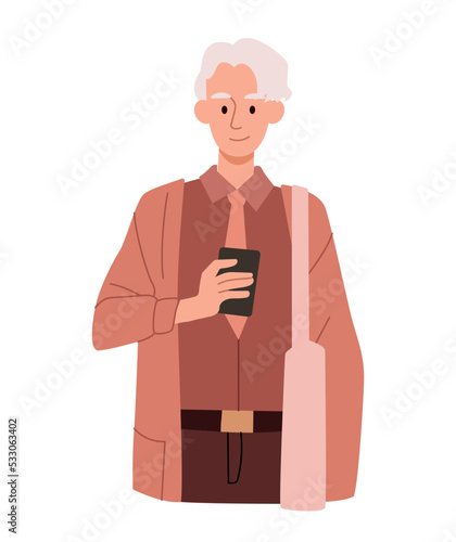 Man using mobile phone. Gray haired man looks at screen of smartphone, modern technologies and digital world. Social networks and messengers. Poster or banner. Cartoon flat vector illustration