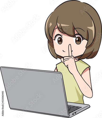 パソコン前で人差し指を口にあてる女性