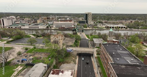 Joliet Illinois Aerial Pan 180 Over Bridges and the River