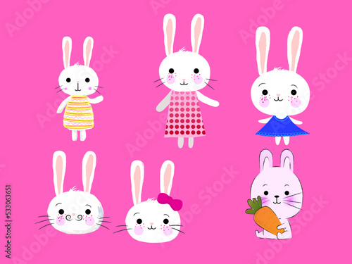 Set of cute rabbit cartoon character vector illustration. Isolated on pink background.