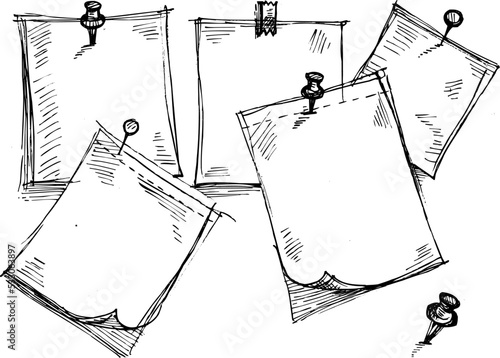 sketch note papers with pushpins.