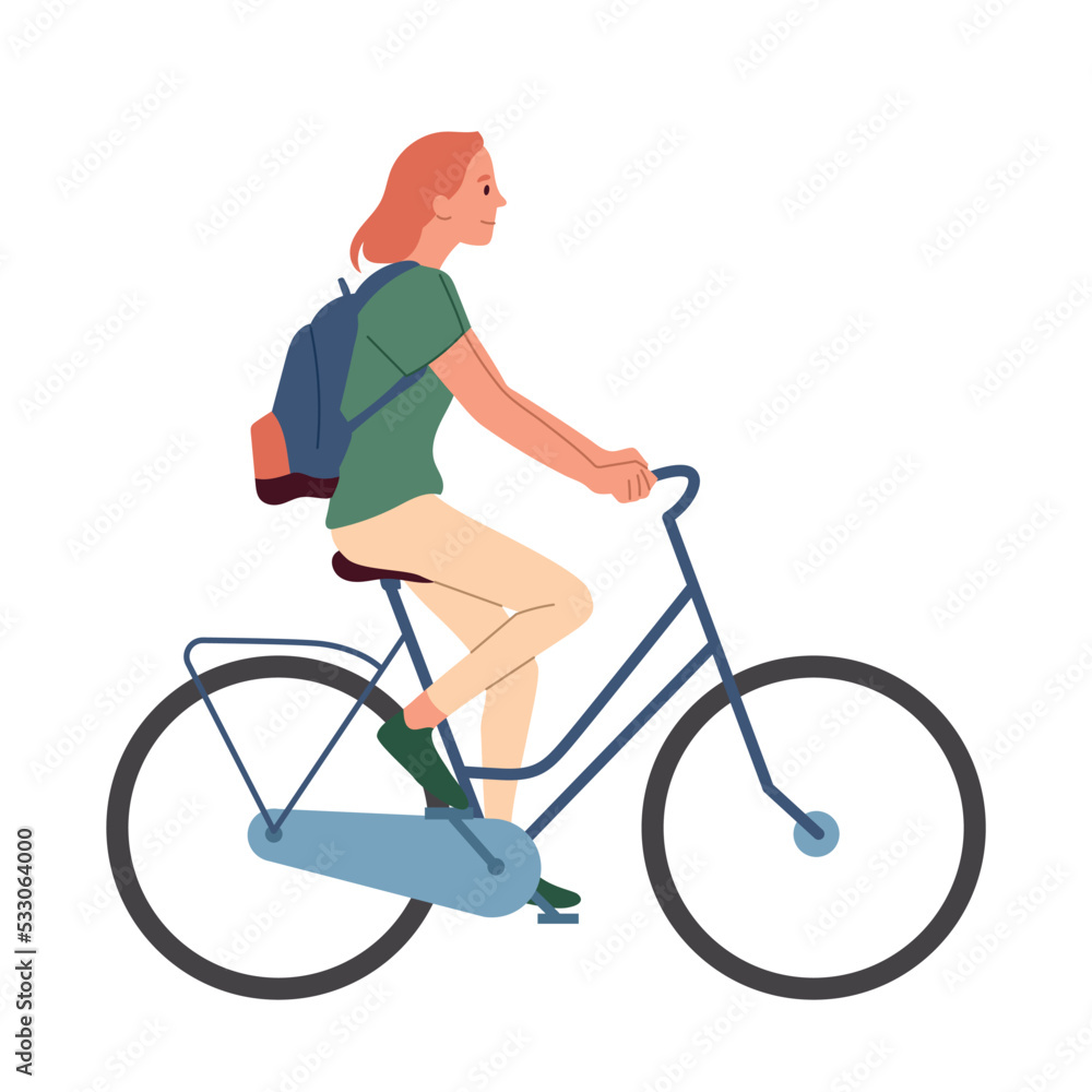 Woman ride bicycle. Young girl with bag on bike. Active lifestyle and sports, environmentally friendly vehicle. Graphic element for website, sticker for messengers. Cartoon flat vector illustration Woman ride bicycle. Young girl with bag on bike. Active lifestyle and sports, environmentally friendly vehicle. Graphic element for website, sticker for messengers. Cartoon flat vector illustration