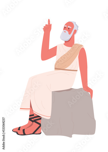 Ancient philosopher concept. Elderly man with beard sits on stone in white sheet. Grandpa raised his finger up. Idea, inspiration and insight, brainstorming. Cartoon flat vector illustration