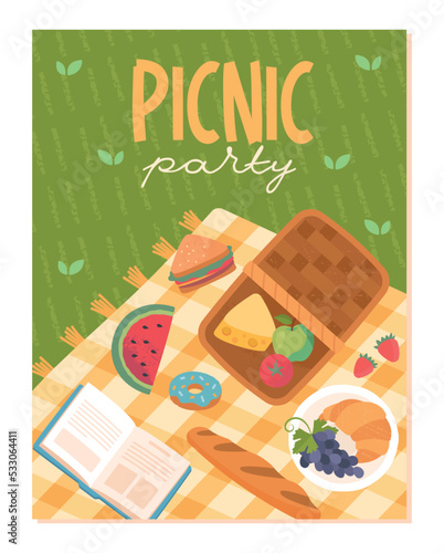 Picnic party poster. Graphic element for website. Food on yellow bedspread, watermelon, cheese, apple, hamburger and donut. Recreation outdoor, weekend leisure. Cartoon flat vector illustration