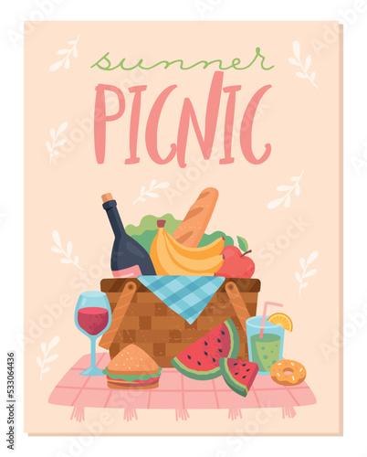 Summer picnic poster. Basket with food and alcoholic drink on bedspread. Holidays on coast, hiking, weekends and vacations. Romantic meeting at spring season. Cartoon flat vector illustration